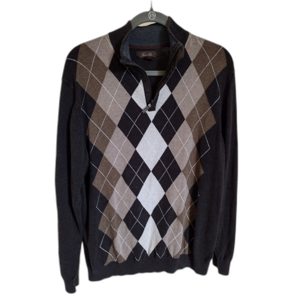 Tasso Elba Men's Pullover Sweater 1/4 zip Argyle Gray Brown Sz Medium